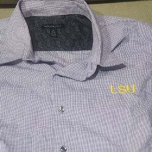 Van Heusen Men's Purple Checkered Shirt with Yellow LSU Embroidery